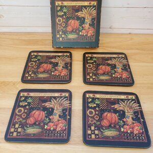 Susan Winget Design Autumn Harvest Cork Backed Coasters Set Of 4 With Box 2005